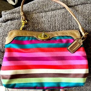 Coach Multicolor Satin Stripes Bronze Leather Trim Turnlock Wristlet - Wallet